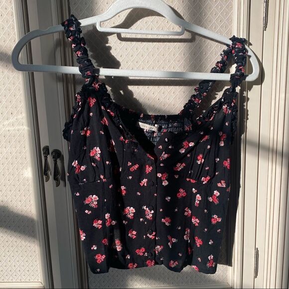black & Pink Floral Button Down Ruffle tank - Picture 1 of 6